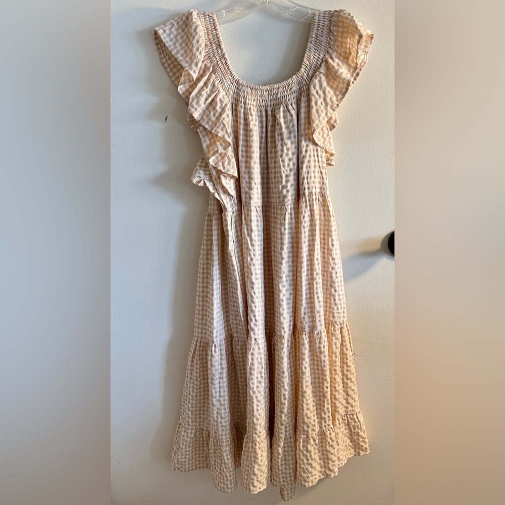 Petal & Pup Beige And White Gingham Off the Shoulder Ruffle Midi Dress Size 2 - Picture 6 of 8